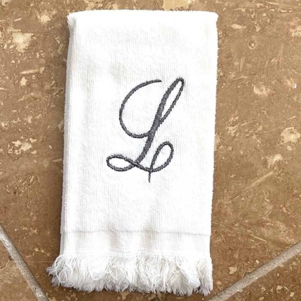 5 for $25! Monogram L White Hand Towel with Fringed Edge